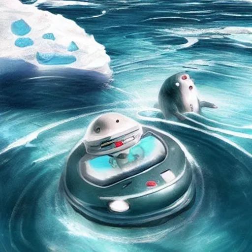 Image similar to “robot seals swimming through the Arctic Ocean, anime style”