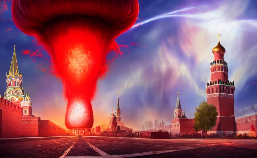 Image similar to nuclear explosion with realistic nuclear mushroom in Red Square Kremlin, beautiful dynamic lighting, cinematic shot, extremely high detail, photo realistic, cinematic lighting, post processed, artstation, matte painting, digital painting