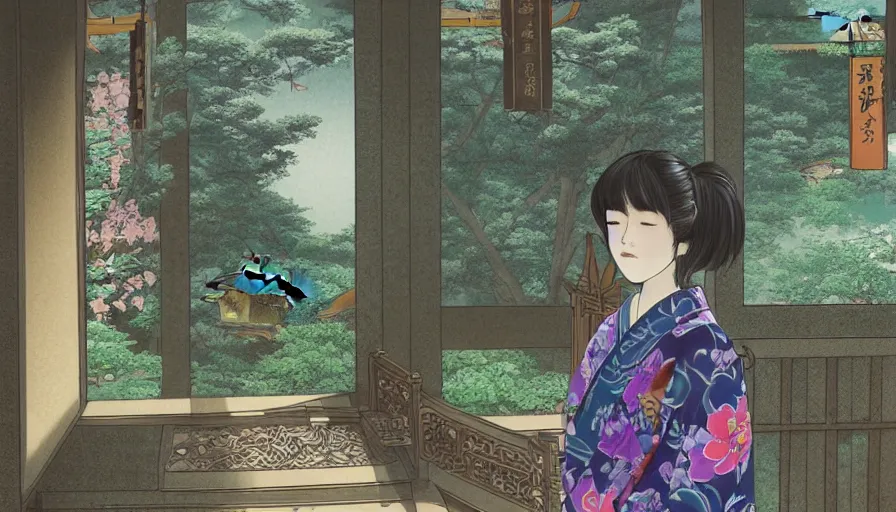 Image similar to eizin suzuki style digital painting of a beautiful girl in japan, looking out a window at a temple garden filled with yokai and spirits, uhd, high detail,