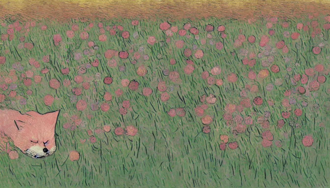 Prompt: pink fox head popping out of a field of flowers by Van Gogh, minimalist, detailed