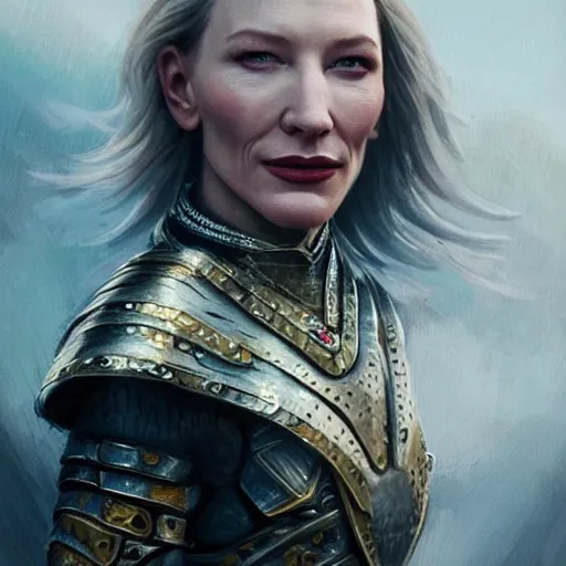 Image similar to portrait of cate blanchett as a warrior woman, looking at camera, d & d, choker on neck, stylish armor, intricate, elegant, stylish, fierce look, fantasy, extremely detailed, digital painting, artstation, concept art, smooth, sharp focus, illustration, stunning lighting, art by artgerm and simon stalenhag