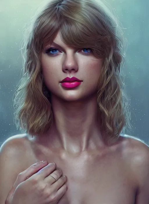 Image similar to taylor swift, au naturel, hyper detailed, digital art, trending in artstation, cinematic lighting, studio quality, smooth render, fluorescent skin, unreal engine 5 rendered, octane rendered, art style by klimt and nixeu and ian sprigger and wlop and krenz cushart