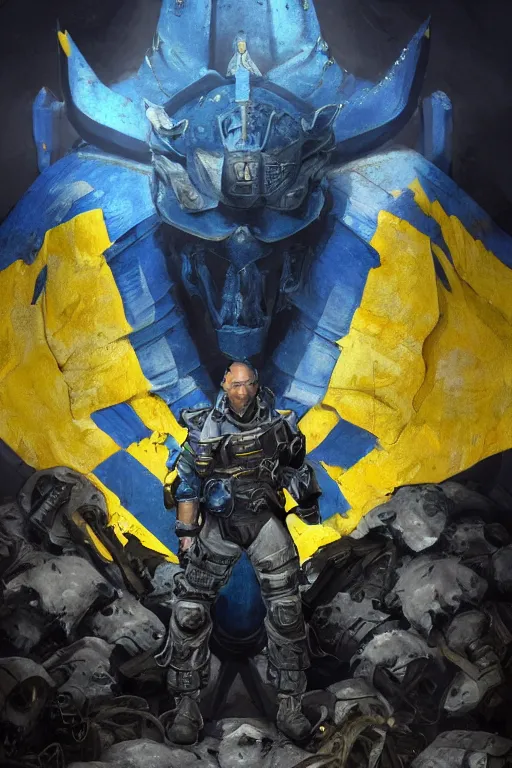 Image similar to A military super soldier with wings with a blue and yellow flag behind him is standing on a pile of skulls in triumph, concept art, сinematic lighting, insanely detailed, smooth, sharp focus, Artstation, 8k, unreal engine, hyper realistic, steampunk style, bright background, moonlight, volumetric lighting, wallpaper, digital illustration by Ruan Jia and Mandy Jurgens and Artgerm and Wayne Barlowe and Greg Rutkowski and Zdislav Beksinski