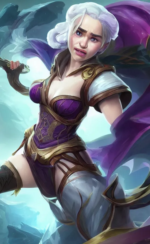 Image similar to Emilia Clarke as a character in the game League of Legends, with a background based on the game League of Legends, detailed face, old 3d graphics