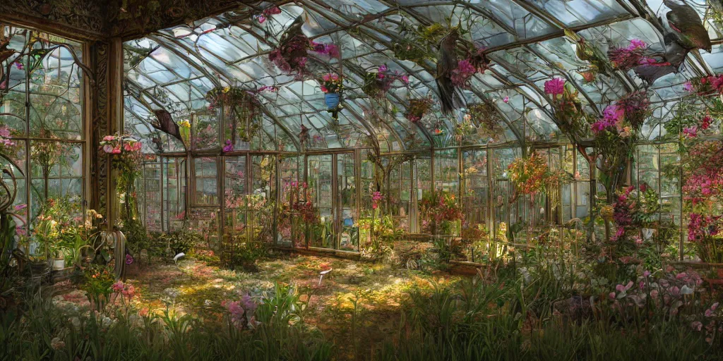 Prompt: glass greenhouse, another world, birds, flowers, fairy tale, evening lights, highly detailed, low angle view, artstation, mysterious, comfort, in the style of aetherpunk