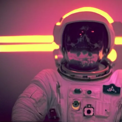 Prompt: astronaut with neon glowing skull, 1 9 6 0 s, color bleed, video compression, video glitch, monochrome, akira kurosawa, mamoru oshii, wes anderson, stanley kubrick