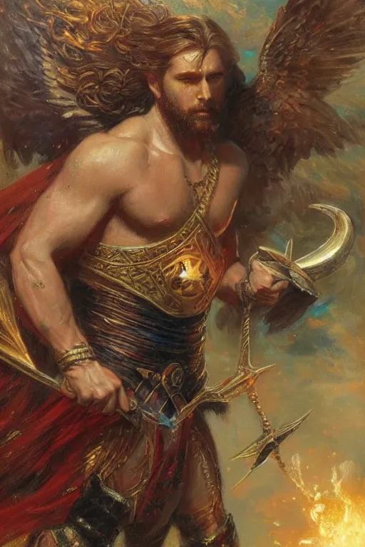 Image similar to portrait of rand al'thor channeling the one power during the last battle. art by gaston bussiere.