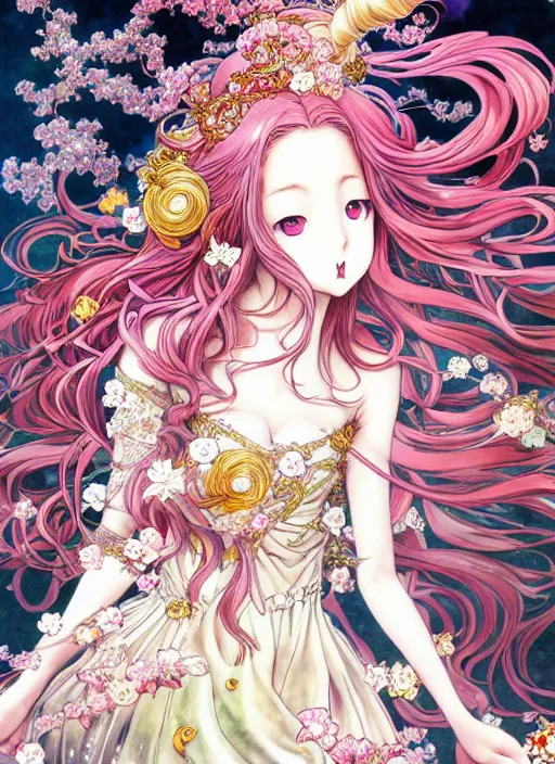 Prompt: exquisite imaginative manga poster of a fairy lady, long wavy hair, rococo dress, shimmering, by ayami kojima, shigenori soejima, minaba hideo,, jump comics, shogakukan, illustration, artstation, highly detailed, 8 k, fluorescent, maximalist