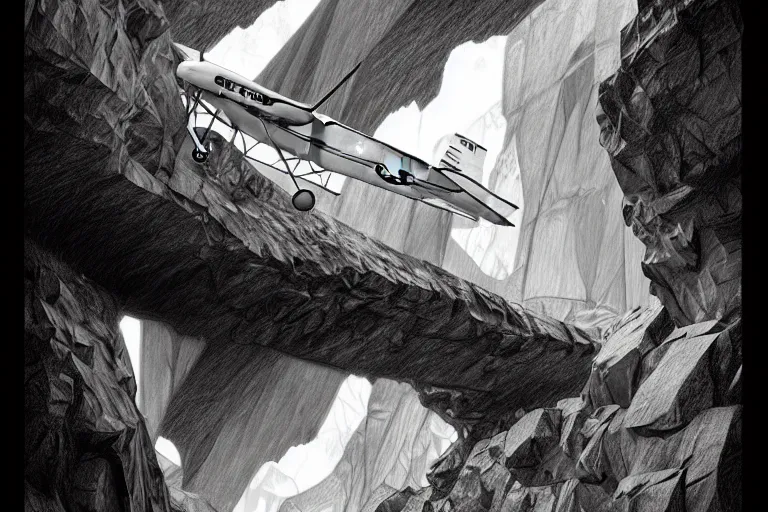 Image similar to hyperrealist pencil sketch of a cessna airplane in a colossal cave by david malan and alphonse mucha, fantasy art, drawing, dynamic lighting, artstation, poster, volumetric lighting, very detailed faces, 4 k, award winning