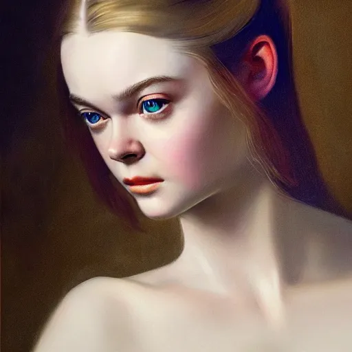 Prompt: ultra realistic portrait painting of elle fanning in the world of goya and bosch, art by frank frazetta, 4 k, ultra realistic, highly detailed, epic lighting