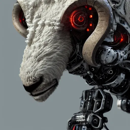 Image similar to ram sheep robot, intricate, sinister, futuristic, ultra realistic, hyper detailed, cinematic, digital art, artstation, trending,