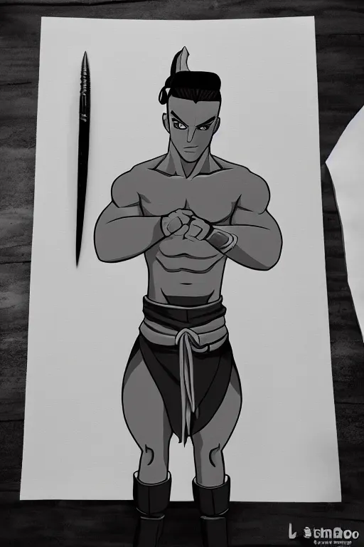 Prompt: Sokka from Avatar The Last Airbender, jacked body builder gigachad, greyscale 🎨🖌️