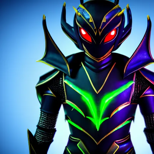 Image similar to High Fantasy Kamen Rider, single character full body, 4k, glowing eyes, daytime, rubber suit, dark blue segmented armor, dragon inspired armor, centered