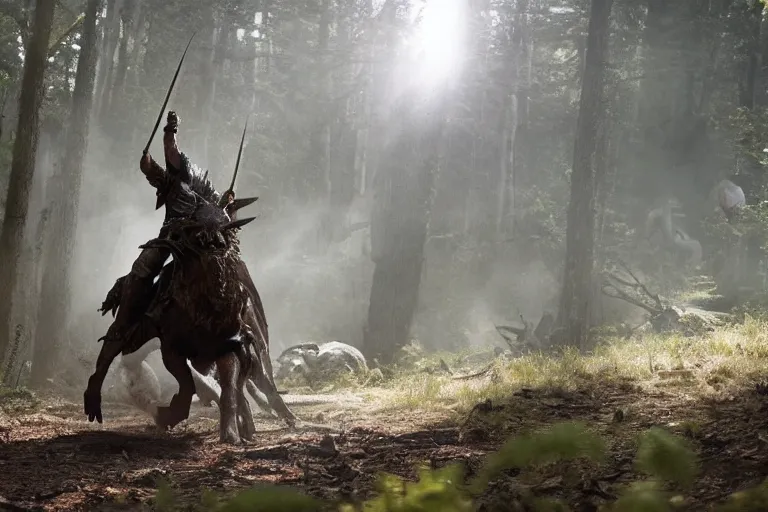 Image similar to vfx movie closeup detailed ancient armored warrior orc hunting riding large wolf in the forest, natural lighting by emmanuel lubezki