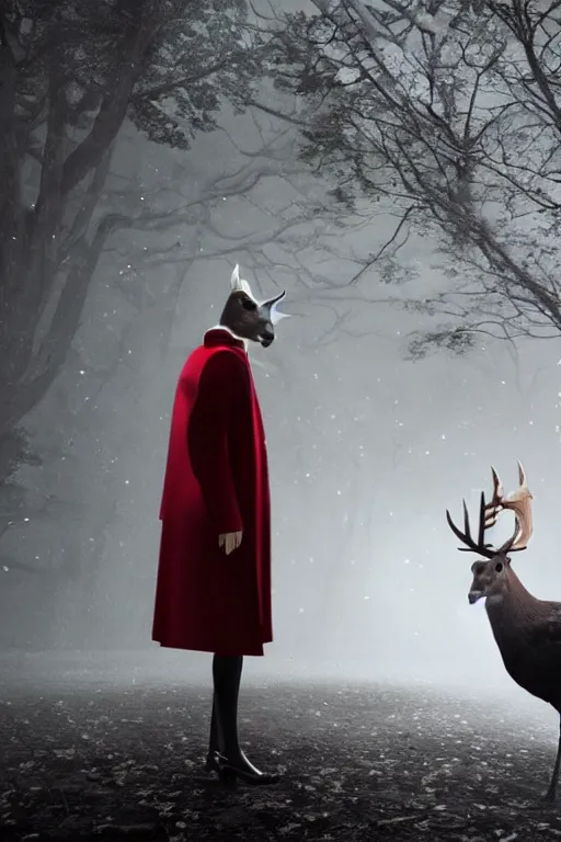 Image similar to a deer wearing a white formal coat conversing with a crow wearing a red formal coat, hyperrealistic, concept art, octane render, unreal engine 5, trending on DeviantArt, highly detailed, high quality, 8K, soft lighting, cute, natural lighting, realistic face, trending on Artstation, elegant clothes, profile picture, path traced, house background