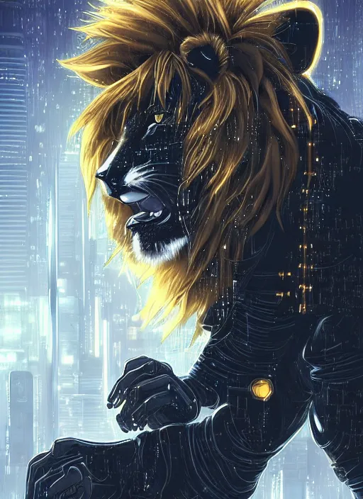 Image similar to award winning beautiful portrait commission of a male furry anthro lion fursona with a tail and a cute beautiful attractive detailed furry face wearing stylish black and gold cyberpunk clothes in a cyberpunk city at night while it rains. Character design by charlie bowater, ross tran, artgerm, and makoto shinkai, detailed, inked, western comic book art