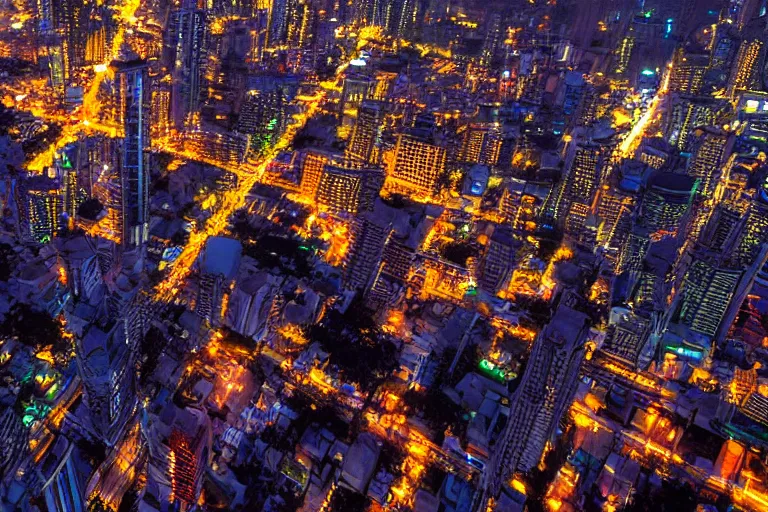 Prompt: sci - fi bangkok cityscape. wide angle night photo. helicopter view. exaggerated detail. volumetric lighting. photo by masamune shirow.