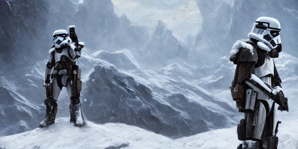 Prompt: star wars snowtrooper on a snowy mountain top, greg rutkowski, 8 k, shallow depth of field, intricate detail, concept art,