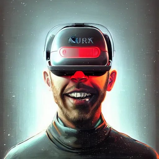 Image similar to Portrait of a man by Greg Rutkowski, symmetrical face, a marine with a helmet, using a VR Headset, Kubric Stare, crooked smile, he's wearing a modern tacitcal gear, highly detailed portrait, scifi, digital painting, artstation, book cover, cyberpunk, concept art, smooth, sharp foccus ilustration, Artstation HQ