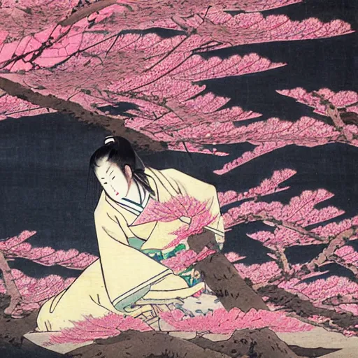 Image similar to japanese edo period woodblock print of a girl laying underneath pink blossoming cherry trees in the background, art by greg rutkowski and yoji shinkawa and akira toriyama
