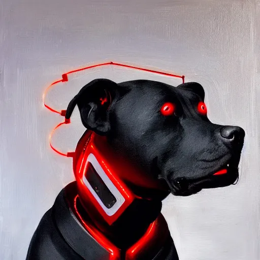 Prompt: painting of a black robot cyborg pitbull lab wearing thin red dog - collar, hyper detailed, robot, wires, lights, thin brush strokes, oil painting