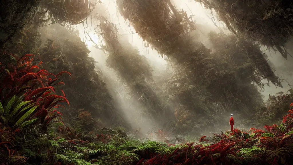 Image similar to dramatic Photorealistic dramatic Landscape Matte painting,Looking through deep inside an Alien planets dense red forest,a lone astronaut in a white spacesuit with lights is exploring outside a gigantic crashed derelict spaceship,hundreds of tall gigantic monster carnivorous Red Venus Flytrap plants and glowing bulbs,translucent wet and slimy plant life by Greg Rutkowski,Craig Mullins,Fenghua Zhong,a misty haze,Beautiful dramatic moody nighttime lighting,Cinematic Atmosphere, Volumetric Lighting,Terragen,Octane Render,8k