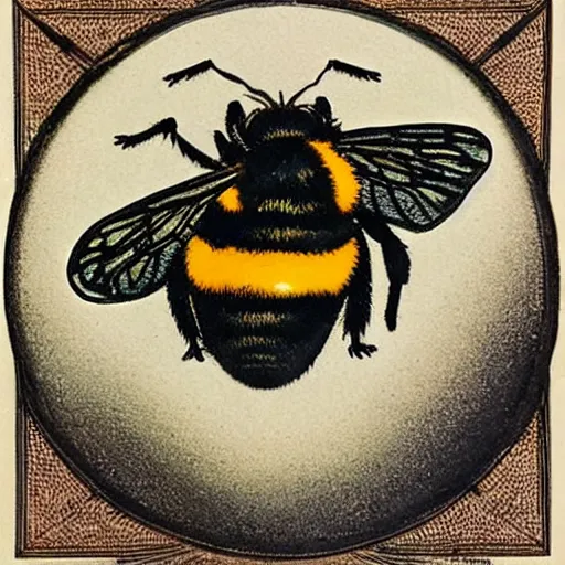 Image similar to a dark ritual spell with a dead bumblebee at the middle of a bullseye of salt, art nouveau