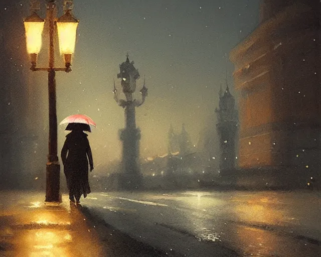 Image similar to lonely road of moscow at night with a single lamp post, walking woman with umbrella, artstation, detailed, by greg rutkowski,