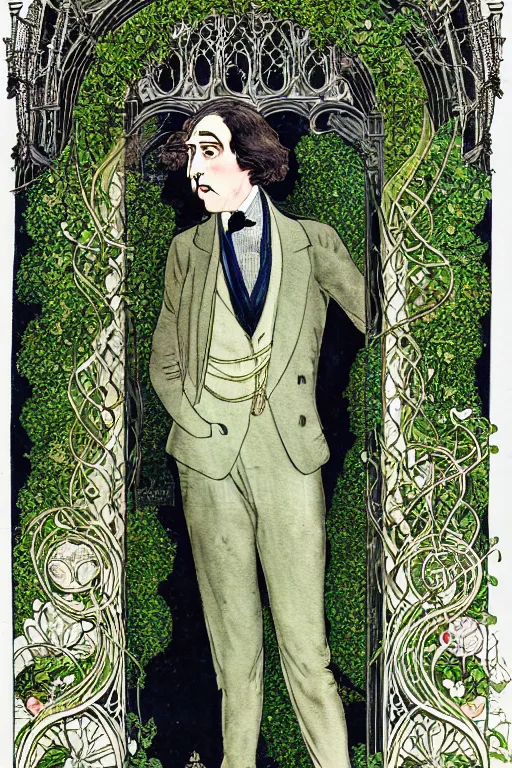 Image similar to realistic portrait of oscar wilde in the center of an ornate gothic gate with ivy, detailed art by kay nielsen and walter crane, illustration style, watercolor