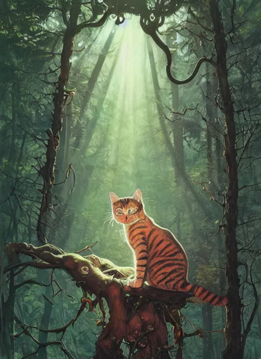 Image similar to a hyper realistic cat god with happy lighting and technology jewelry in the woods gorgeous lighting, sunbeams blue sky, lush forest foliage painting by chiara bautista and beksinski and norman rockwell and greg rutkowski weta studio, and lucasfilm