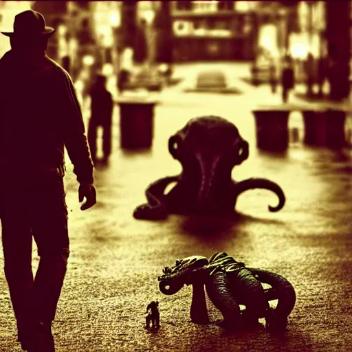 Prompt: photo of a man walk a cthulhu on the street, 8 k