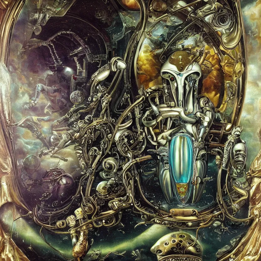 Prompt: an alien in spaceship cockpit, decorated with alien foliage, faberge, and filigree. pulp sci - fi art. baroque period, oil on canvas. renaissance masterpiece