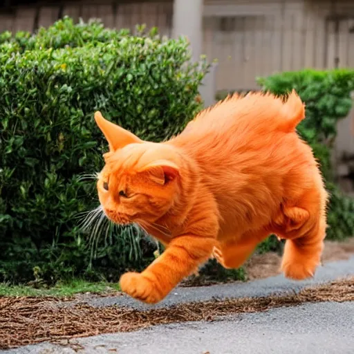 Image similar to a giant orange cat chasing after a little puppy dog