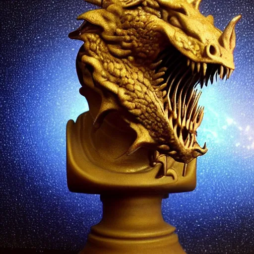 Image similar to ceramic bust by jean - francois millet lavish. a computer art of a dragon in space. the dragon is in the foreground with its mouth open rows of sharp teeth. coiled & ready to strike, its tail is wrapped around a star in the background. background is full of stars & galaxies.