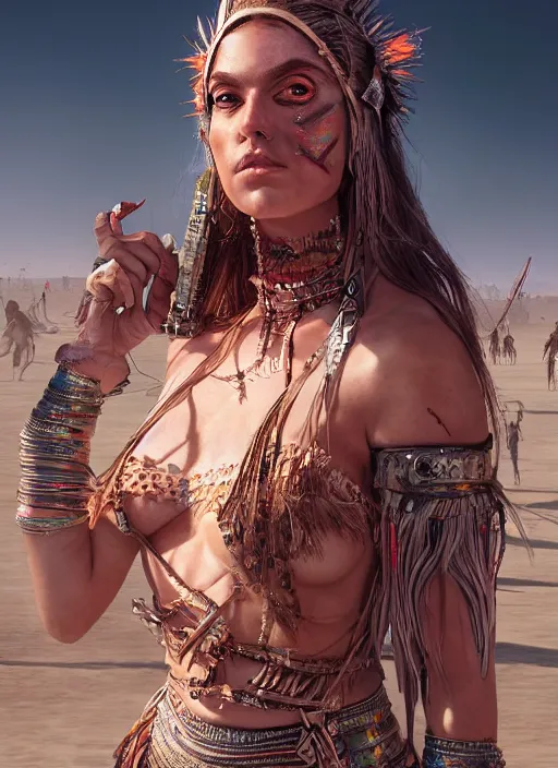 Image similar to hyper realistic photography portrait of coachella burningman pagan medieval tribal festival warrior curvy partygirl face cinematic, vallejo, julie bell, craig mullins greg rutkowski, artstation, cgsociety