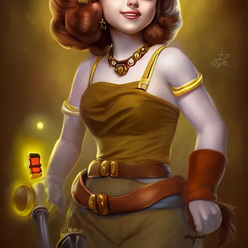 Prompt: beautiful close up, princess daisy from super mario as realistic brunette human character art portrait, matte fantasy painting, deviantart artstation, by jason felix by steve argyle by tyler jacobson by peter mohrbacher, cinema c 9. 0