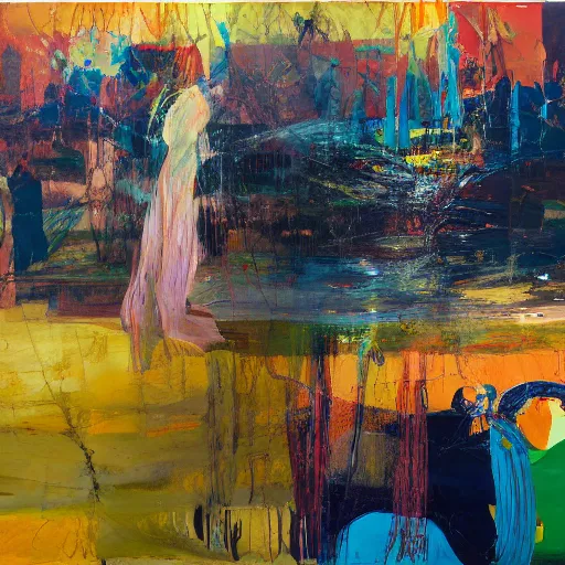 Image similar to _ in _ these _ paintings _ we _ see _ a _ who _ seem _ to _ be _ walking _ in _ circles in a void space, happy, 8 k, in the style of ben quilty, peter doig, edward hooper, oil paint with thick brushstrokes of paint, ultra detailed, realistic,