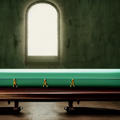 Image similar to dracula regrets the mint green paint color he chose for his coffin, 4 k photo, cinematic lighting,