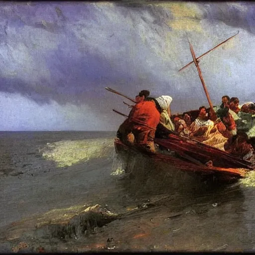 Image similar to storm on the volga, oil on canvas, ilya repin, 1 8 7 3