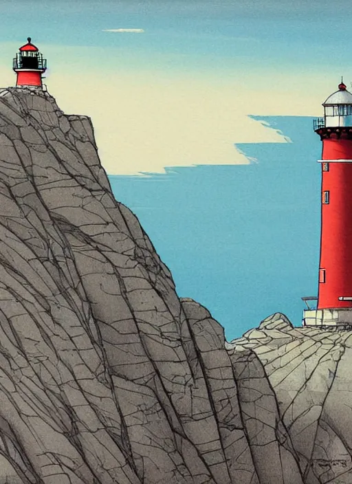 Prompt: a painting of a lighthouse on top of a mountain, concept art by moebius, featured on deviantart, shin - hanga, concept art, official art, high detailed