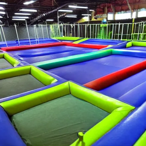 Image similar to empty trampoline park, realistic, nostalgic, detailed. realistic, detailed, hyper realistic.