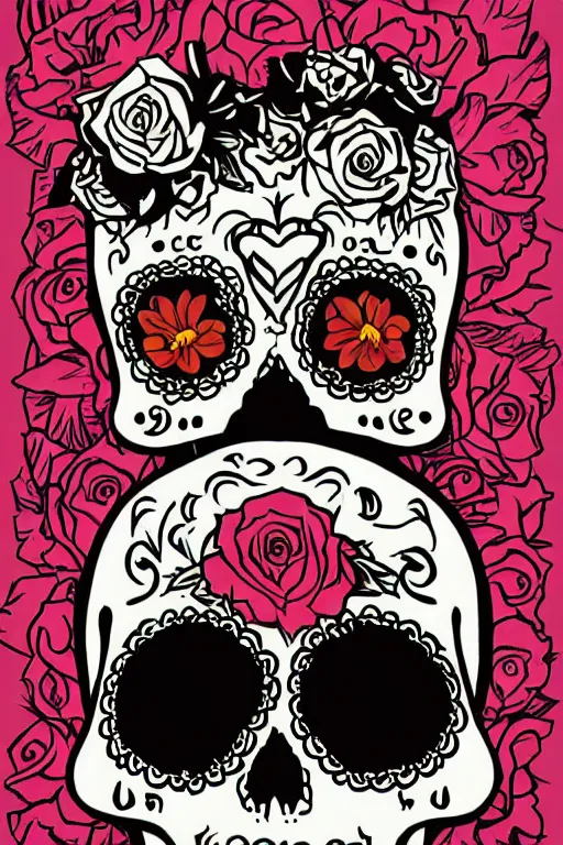 Prompt: illustration of a sugar skull day of the dead girl, art by mike mignola