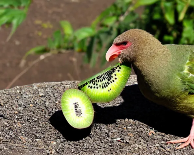 Image similar to a kiwi bird eating a kiwi fruit