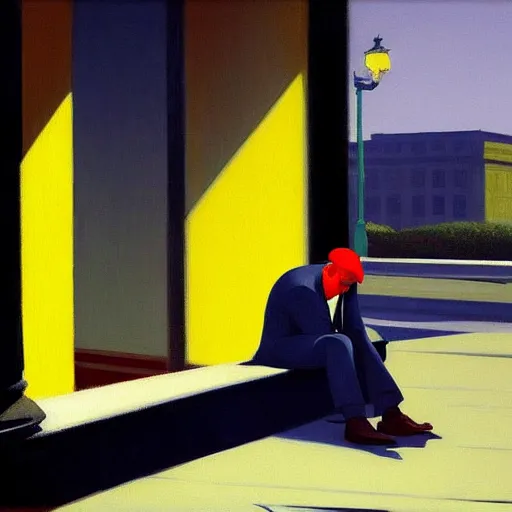 Image similar to painting of a businessman sitting in the street like a homeless person. by edward hopper and james gilleard
