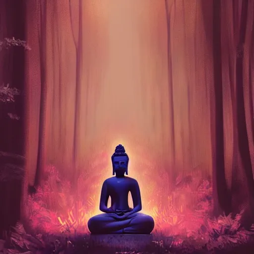 Prompt: a buddha statue sitting in the middle of a forest, cyberpunk art by Alena Aenami, trending on cgsociety, metaphysical painting, tesseract, mystical ::