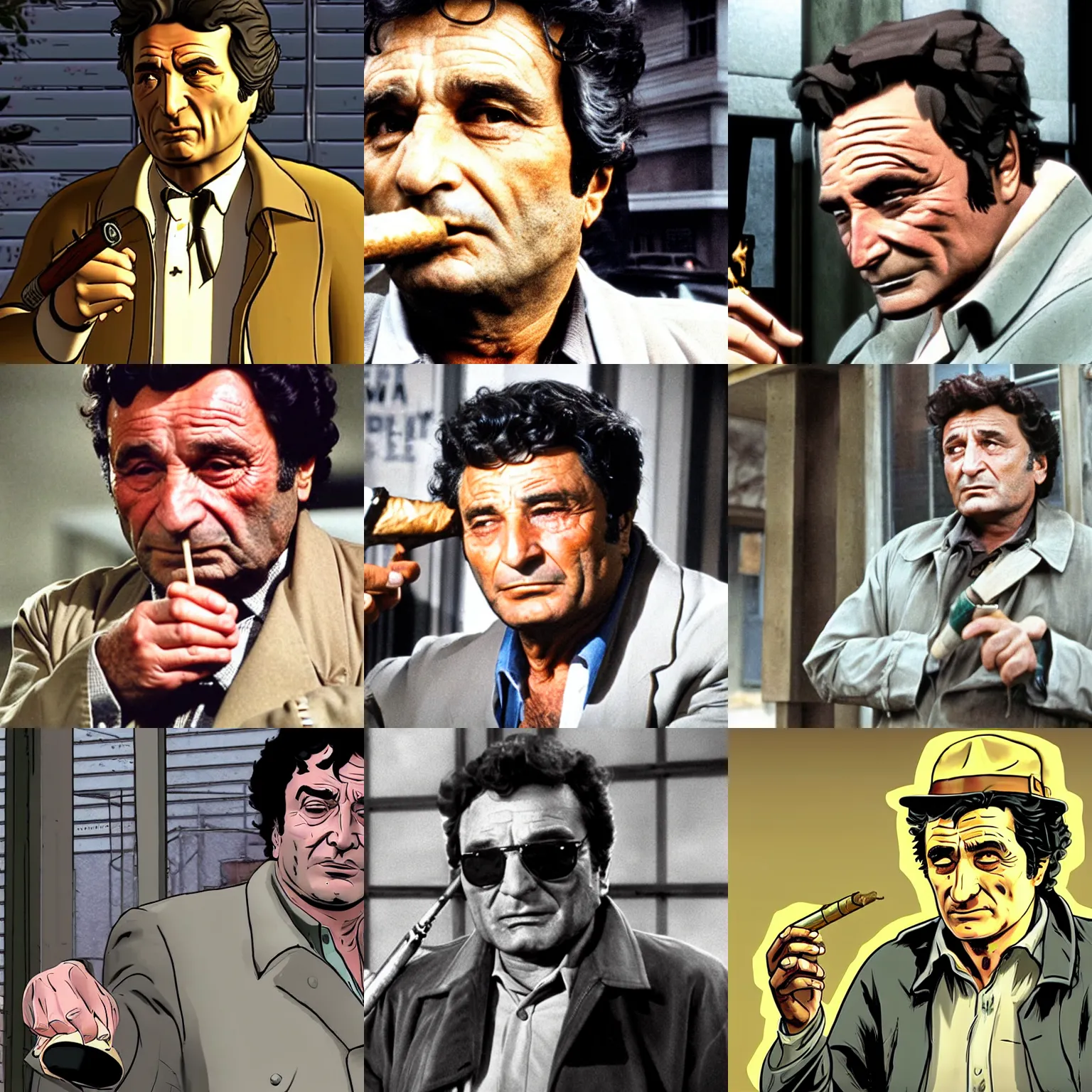 Prompt: police detective columbo ( played by young peter falk ) in his messy trenchcoat, smoking a cigar while rubbing his head in telltale's walking dead game