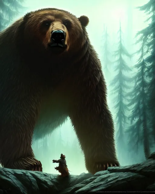 Prompt: Giant Bear scared of mouse, medium shot, D&D, artstation, fantasy, magic the gathering artwork, cinematic lighting, centered, symmetrical, highly detailed, digital painting, , concept art, smooth, sharp focus, illustration, volumetric lighting, epic Composition, 8k, art by Akihiko Yoshida and Greg Rutkowski and Craig Mullins, oil painting, cgsociety