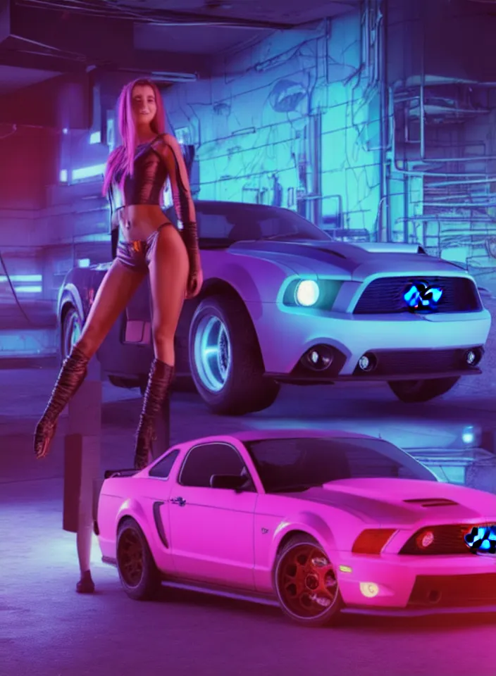 Prompt: a beautiful girl in a cyberpunk costume is standing near a ford mustang, neon lights, super realistic, extremely high detail, cinema 4d cinematic , glowing purple, vibrant red 8k