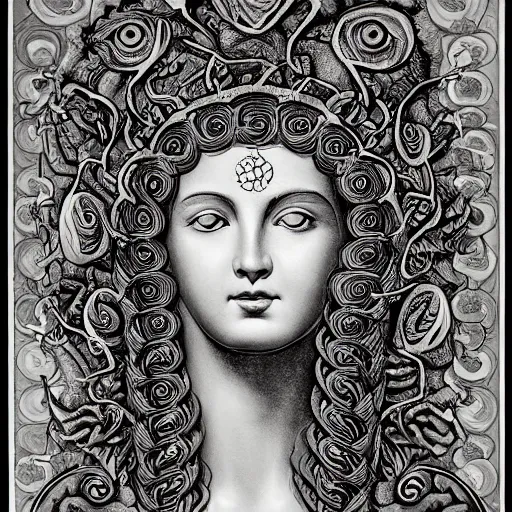 Image similar to detailed, portrait of medusa, surrounded by lotus flowers and geometry