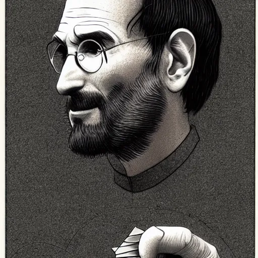 Prompt: steve jobs holding polyhedra by jamnitzer and gustav dore, museum print from intricate etching, artstation